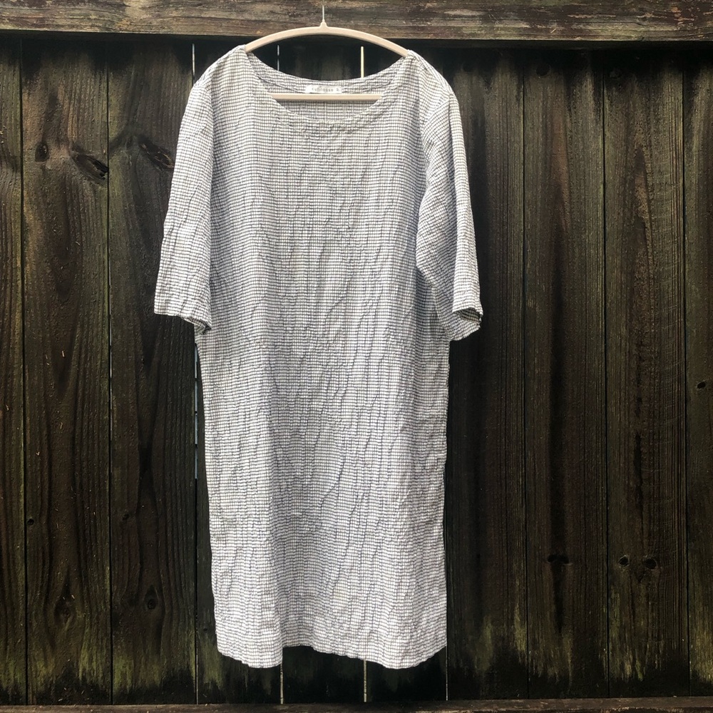 Cut Loose Lagenlook Textured Midi Dress 3/4 Sleeve Check Print Seersucker